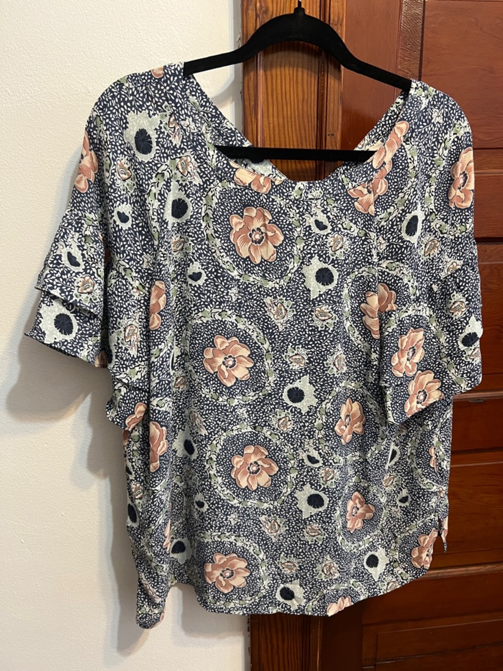 LOFT Navy Floral Short Sleeve Blouse with Peach Blooms